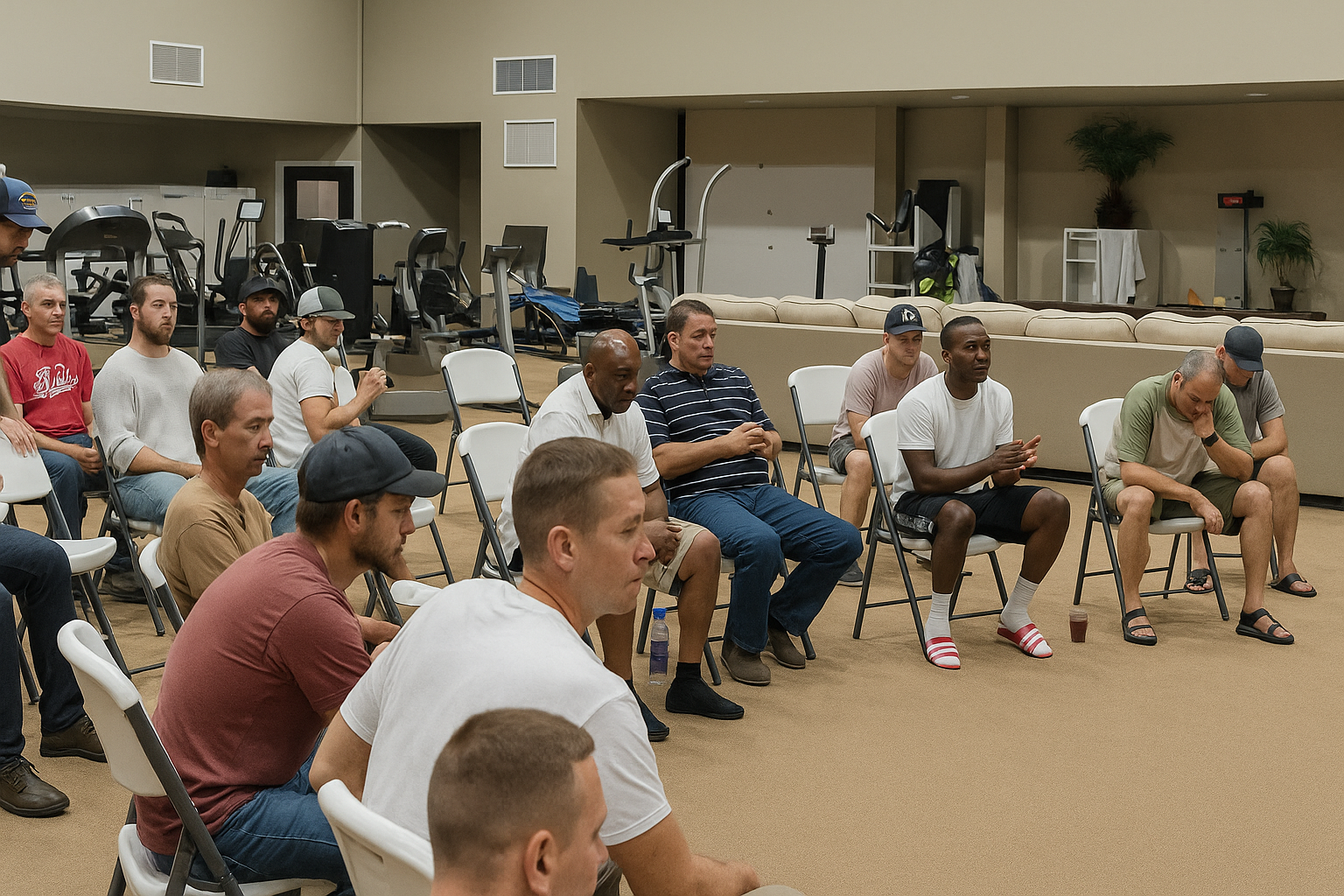 Men's Recovery Center - Group support session in the facility gym showing diverse men engaged in recovery program