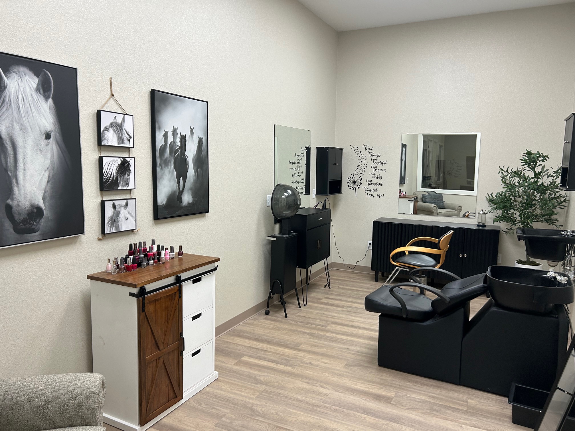 Hair Salon with Styling Stations, Nail Polish Display, and Horse Artwork